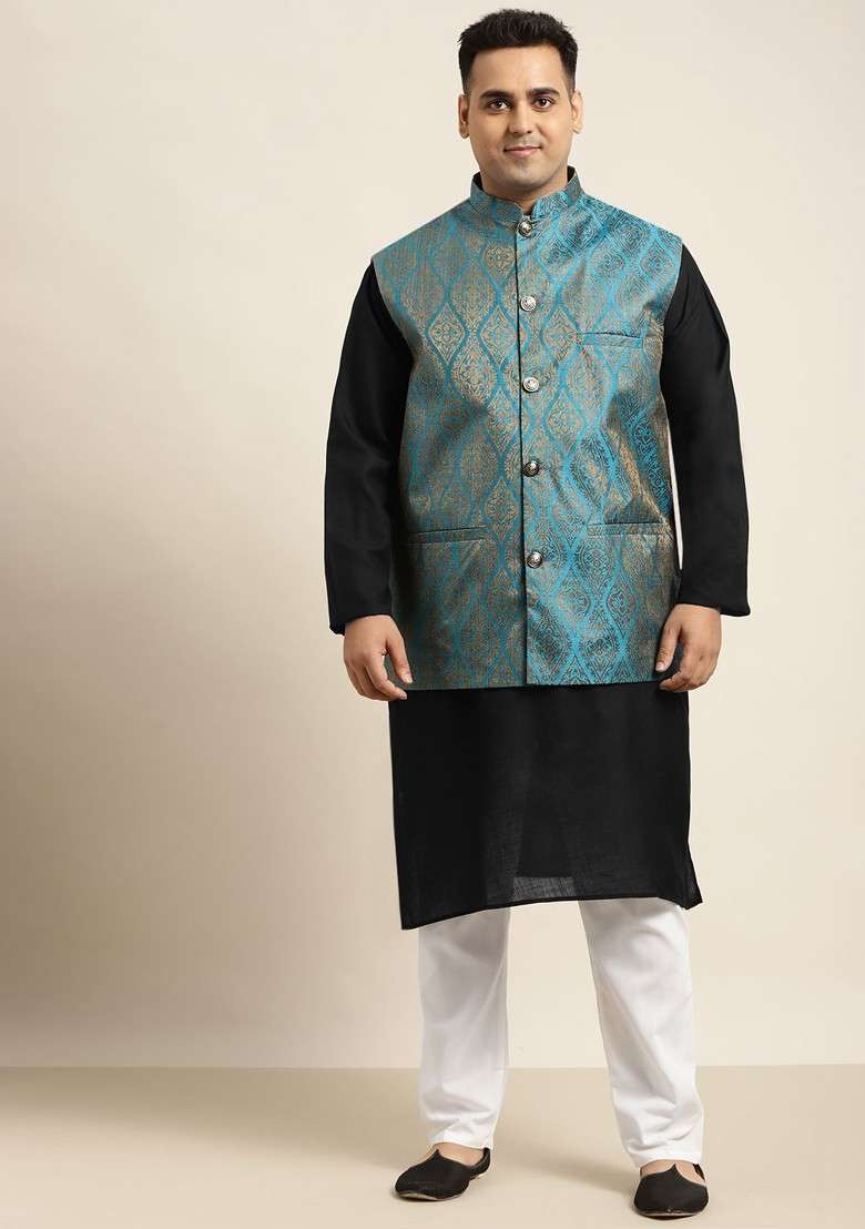 Black Solid Poly Blend Kurta Set For Men - Indya