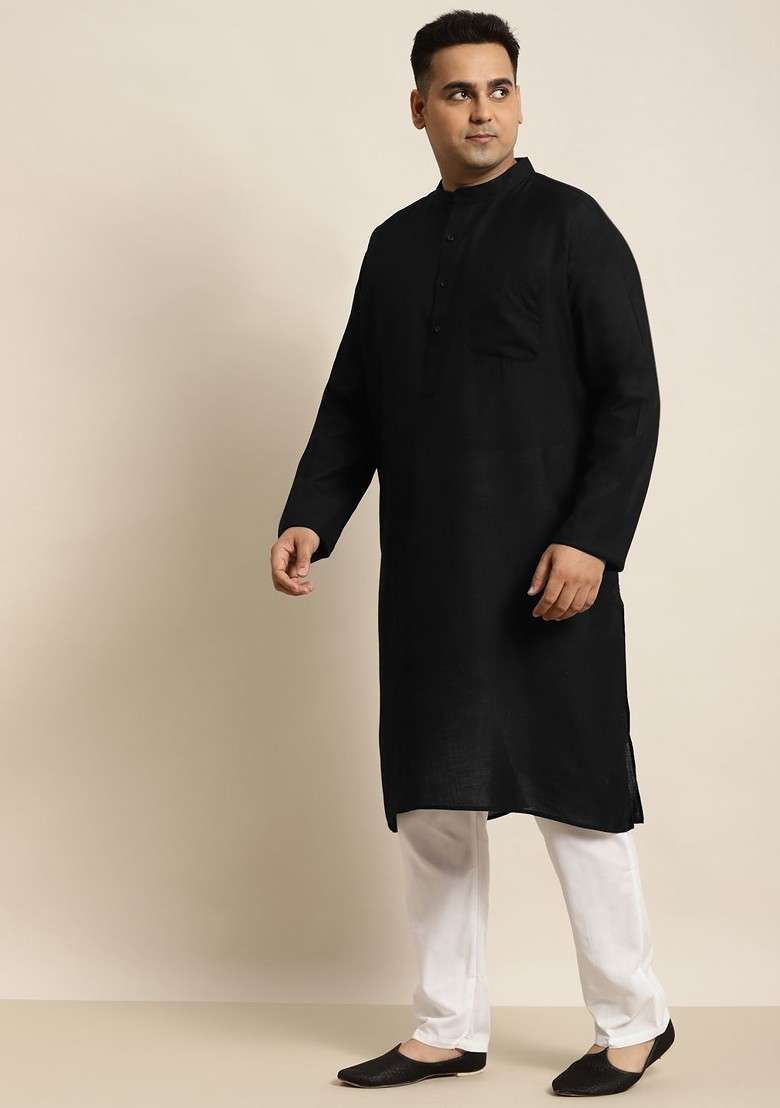 Black Solid Poly Blend Kurta Set For Men - Indya