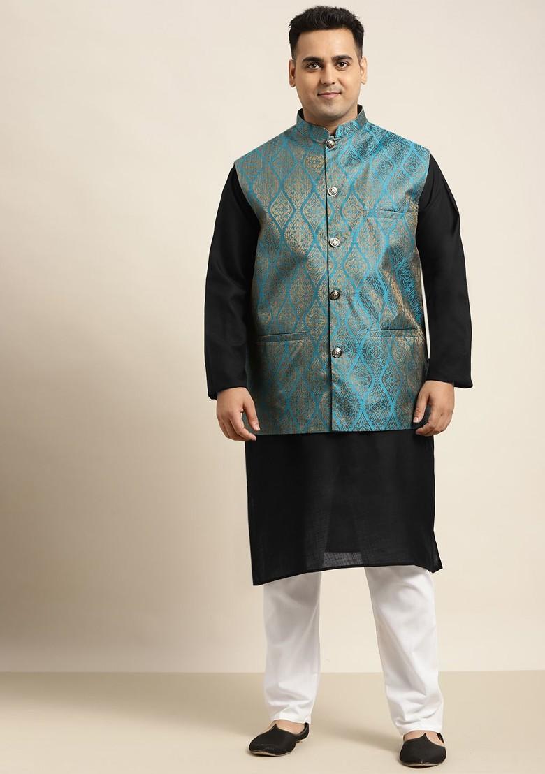 Black Solid Poly Blend Kurta Set For Men