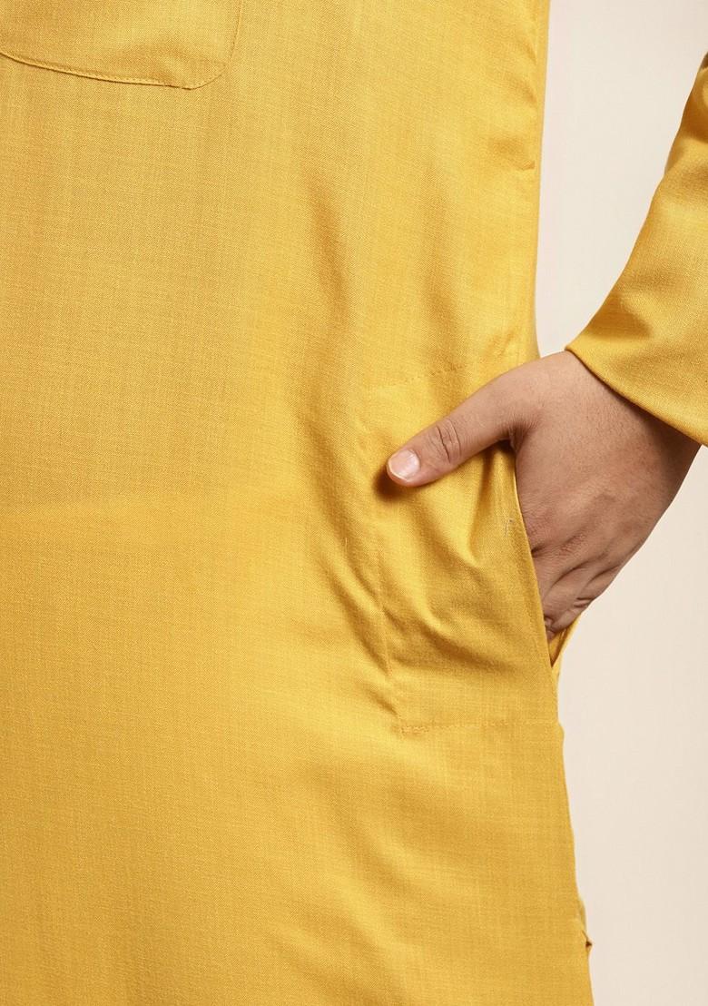 Mustard Solid Poly Blend Kurta Set For Men