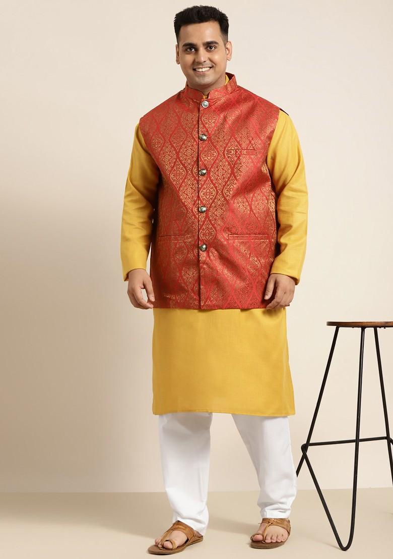 Mustard Solid Poly Blend Kurta Set For Men