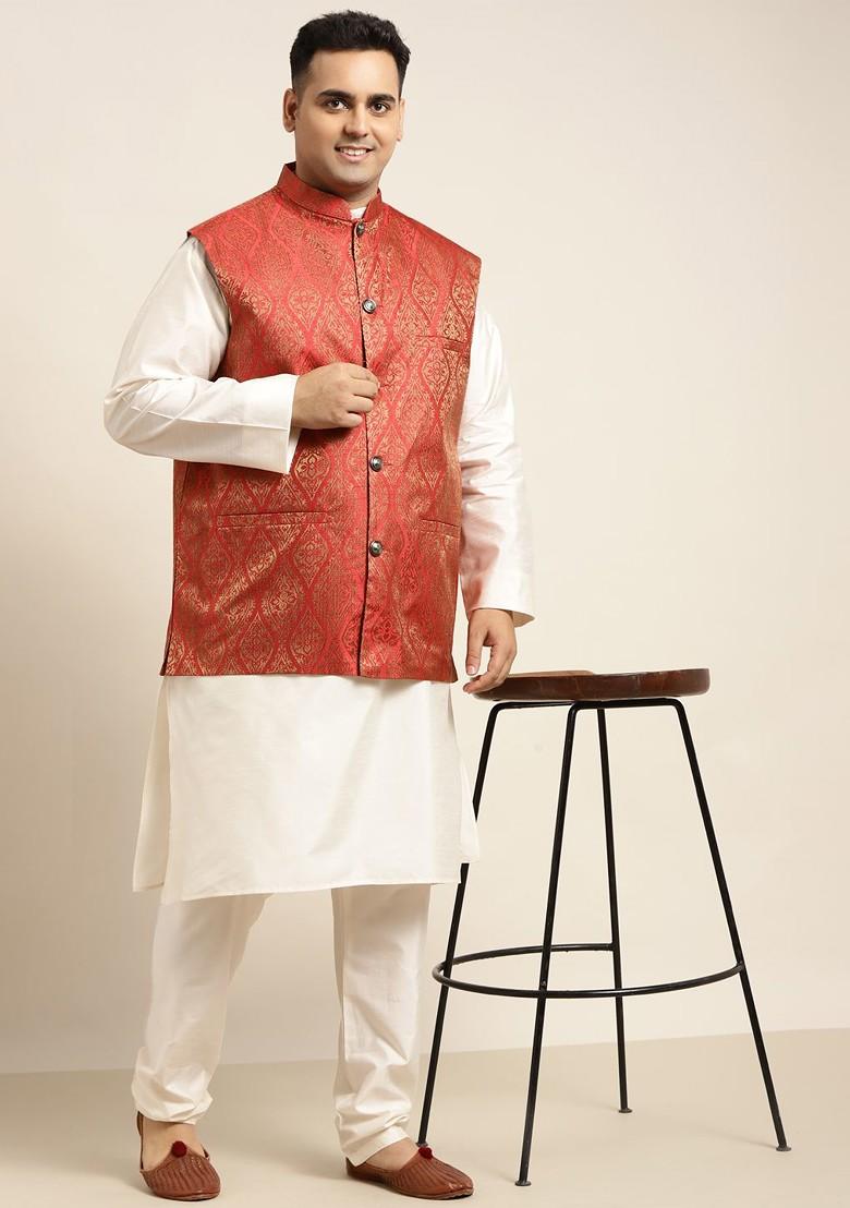 Off White Solid Poly Blend Kurta Set For Men