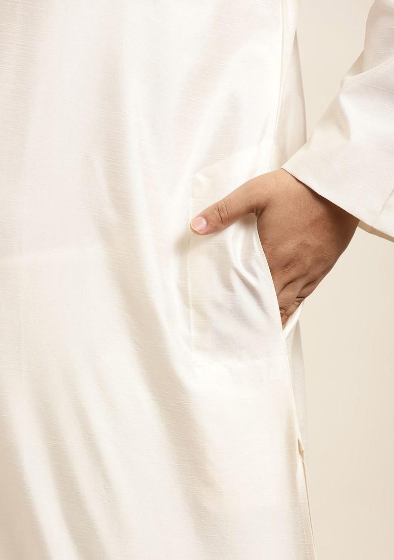 Off White Solid Poly Blend Kurta Set For Men