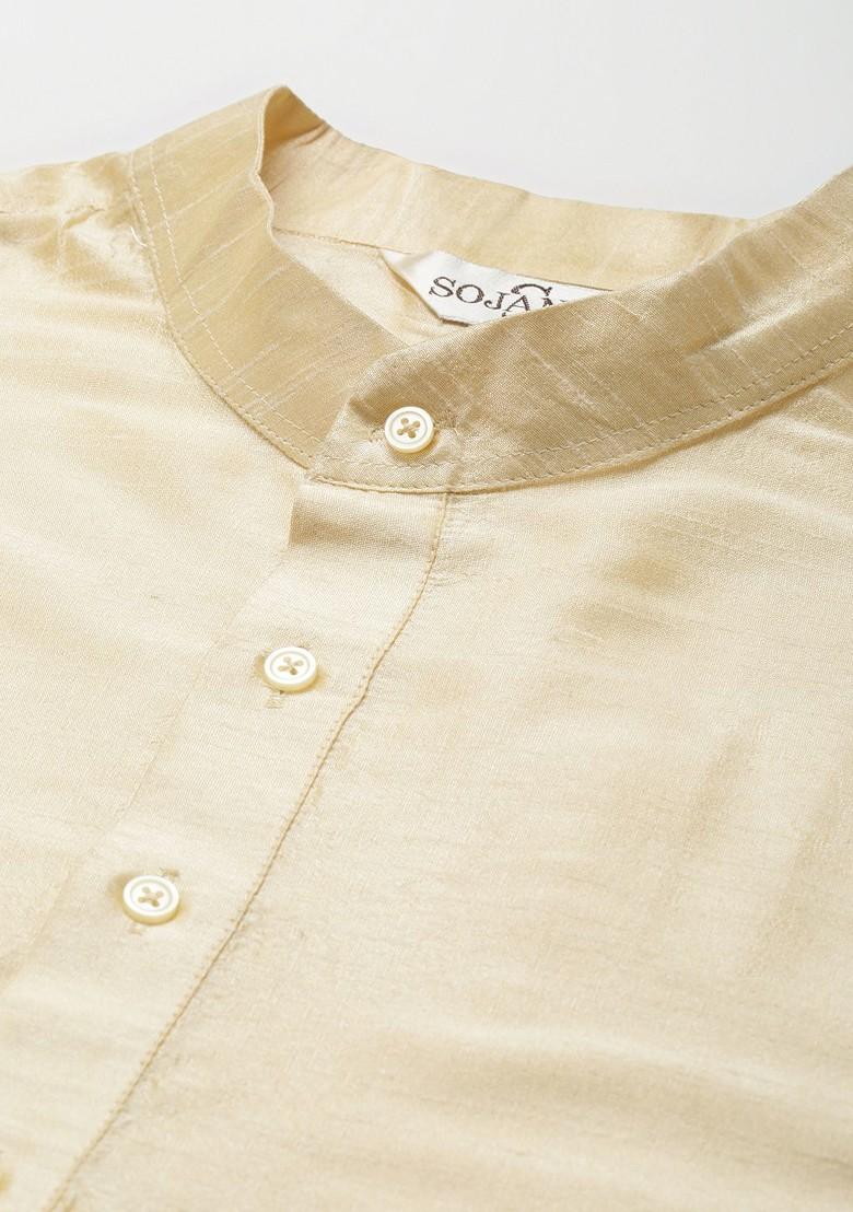 Gold Solid Poly Blend Kurta Set For Men
