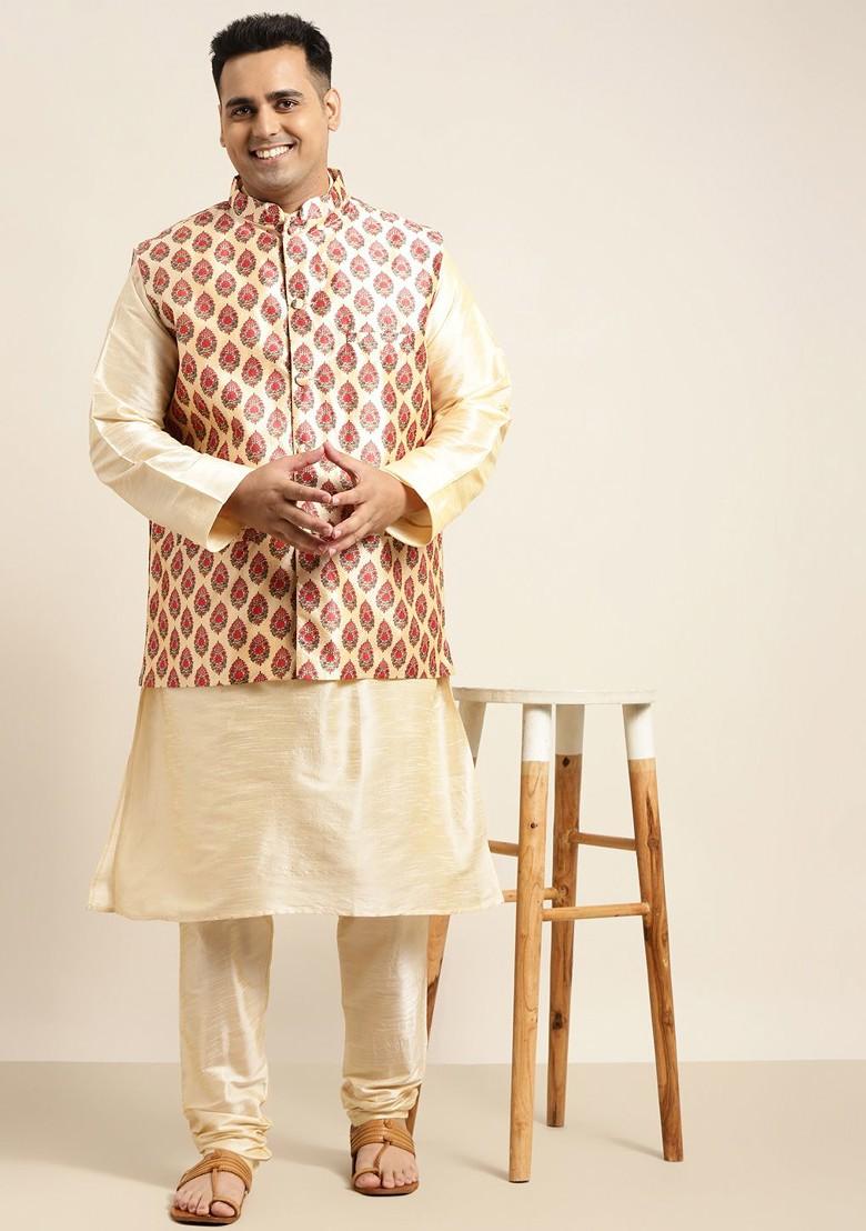Gold Solid Poly Blend Kurta Set For Men