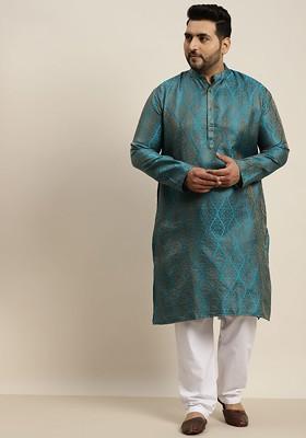 Blue Solid Jacquard Kurta Set For Men