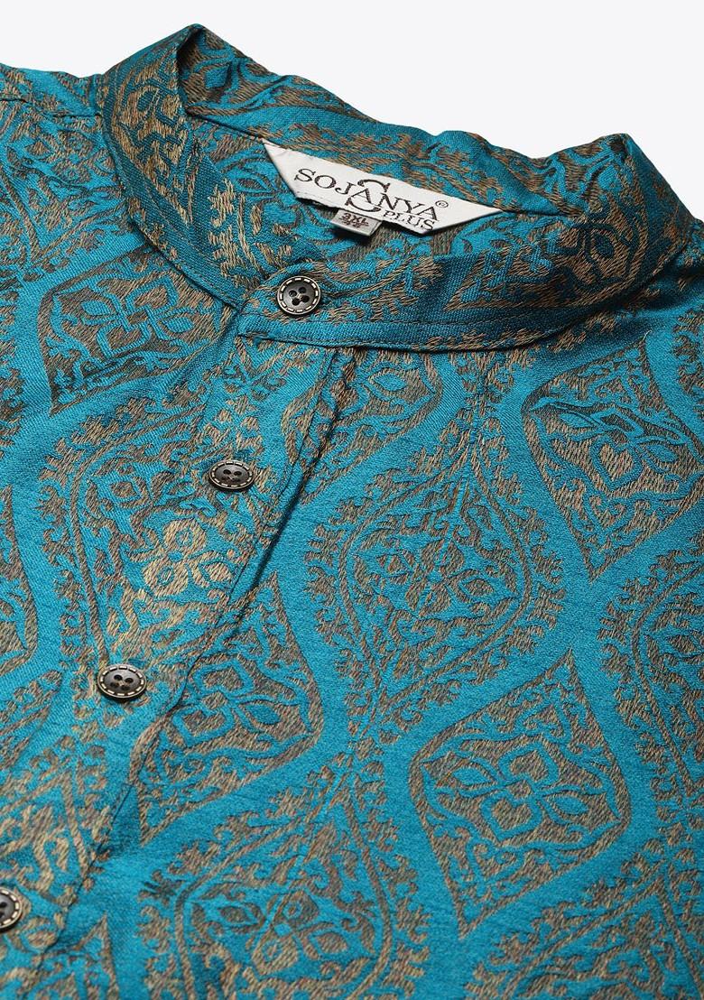 Blue Solid Jacquard Kurta Set For Men