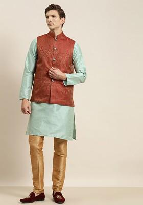 Sea Green Solid Poly Blend Kurta Set For Men