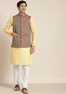 Yellow Chikankari Cotton Kurta Set For Men