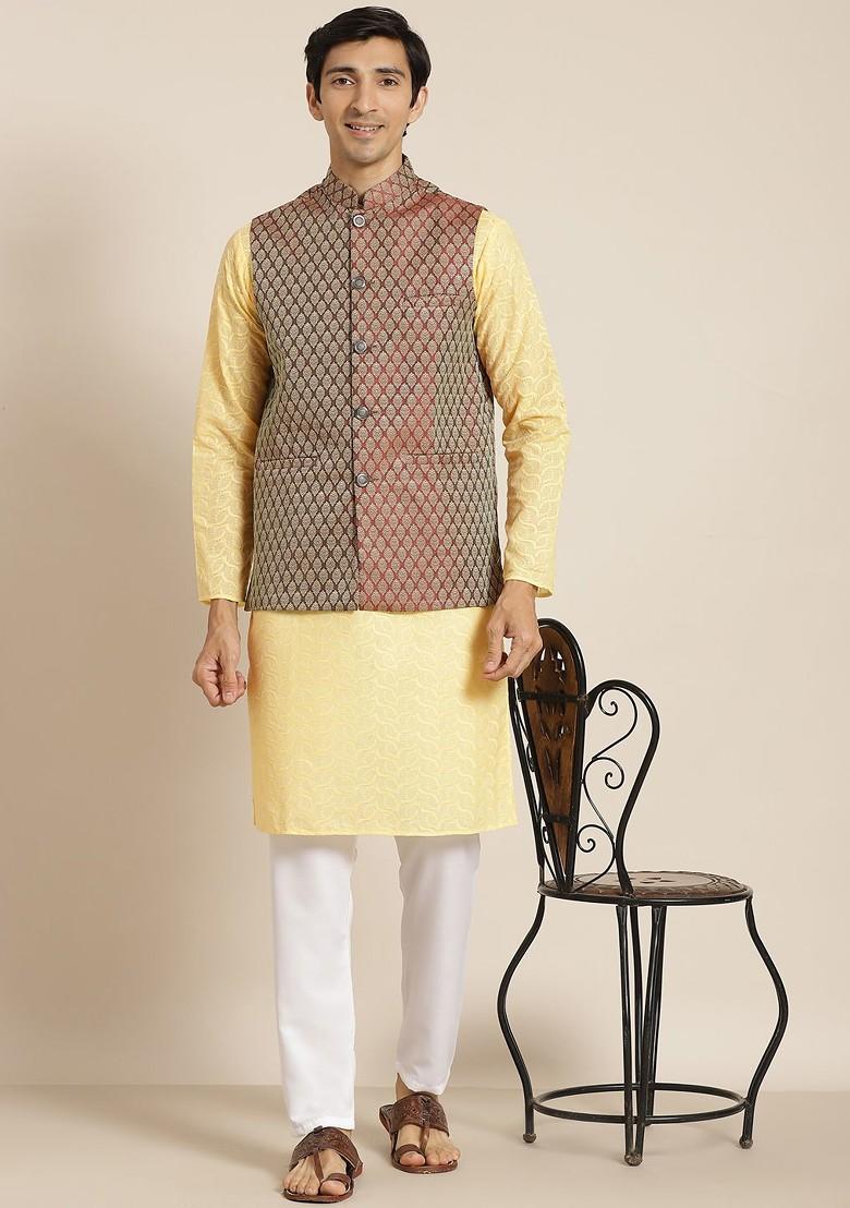 Yellow Chikankari Cotton Kurta Set For Men