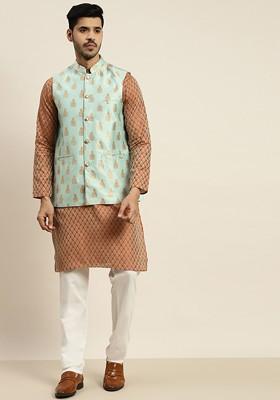 Rust Orange Ethnic Motifs Poly Blend Kurta Set For Men