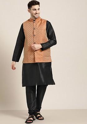 Black Solid Jacquard Kurta Set For Men