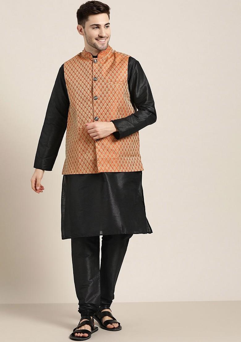 Black Solid Jacquard Kurta Set For Men