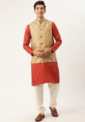 Red Ethnic Motifs Silk Kurta Set For Men