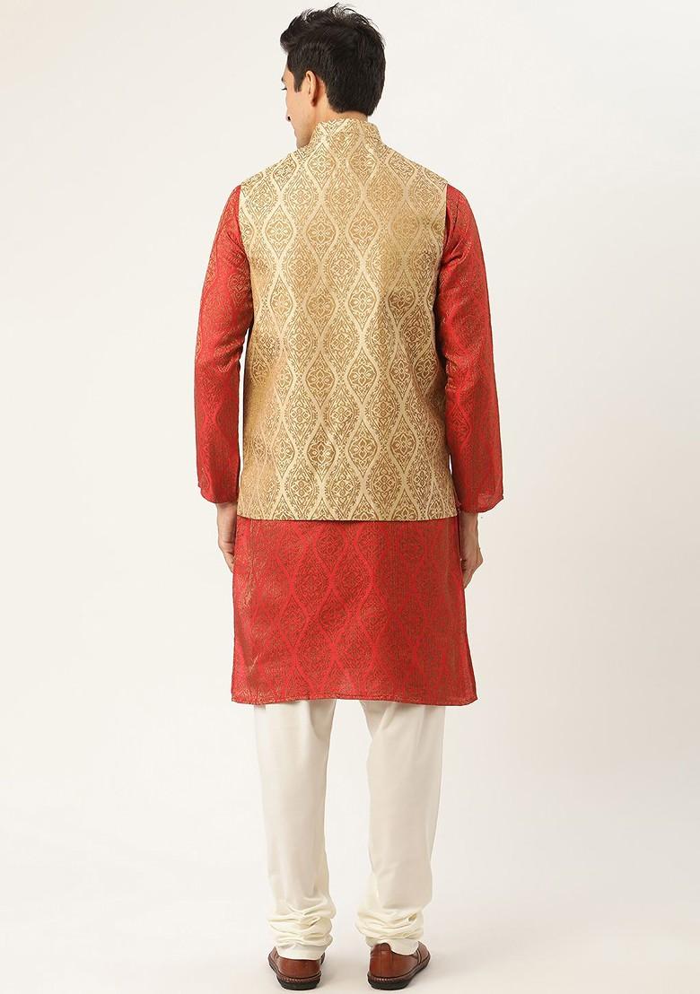 Red Ethnic Motifs Silk Kurta Set For Men