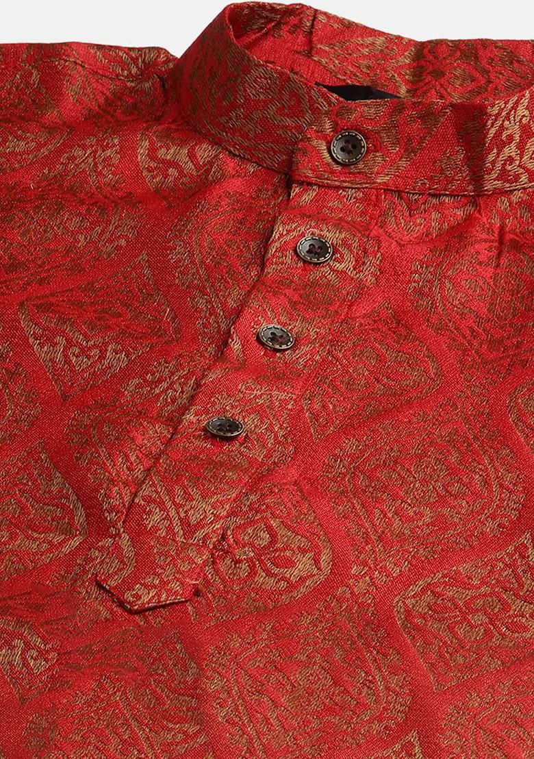 Red Ethnic Motifs Silk Kurta Set For Men