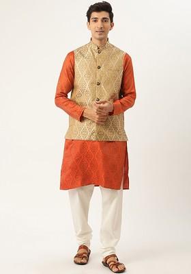 Orange Ethnic Motifs Silk Kurta Set For Men