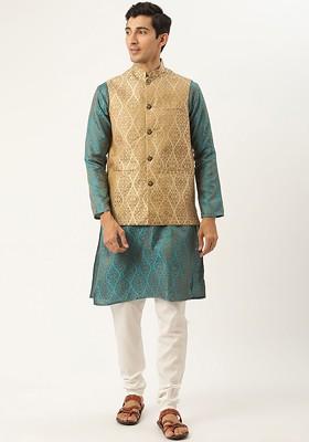 Teal Blue Ethnic Motifs Poly Blend Kurta Set For Men