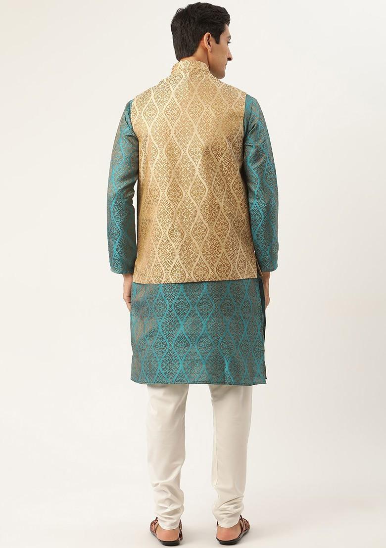 Teal Blue Ethnic Motifs Poly Blend Kurta Set For Men