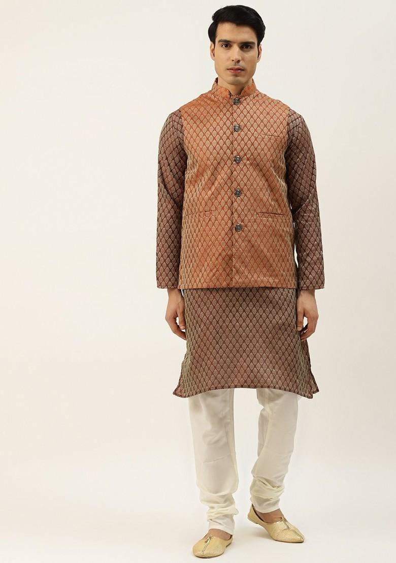 Maroon Ethnic Motifs Poly Blend Kurta Set For Men