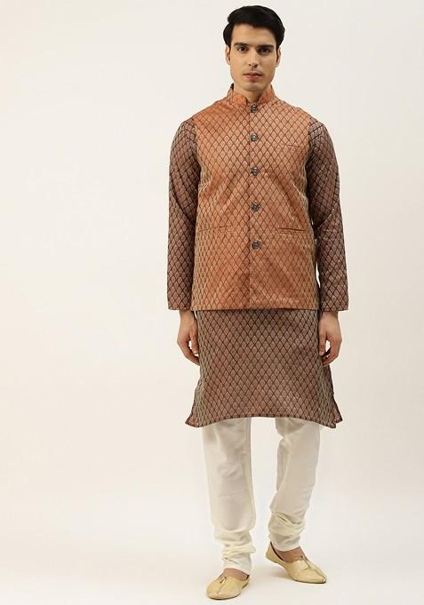 Maroon Ethnic Motifs Poly Blend Kurta Set For Men