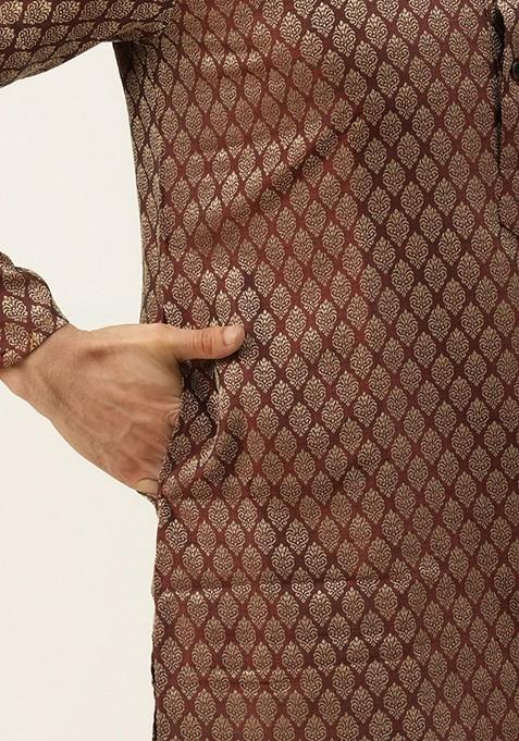 Maroon Ethnic Motifs Poly Blend Kurta Set For Men