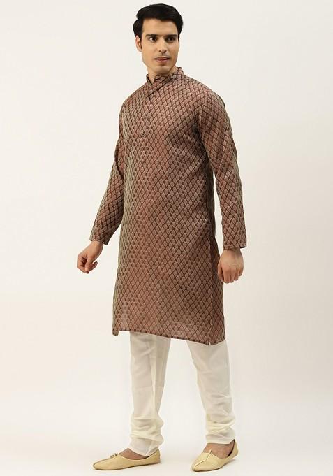 Maroon Ethnic Motifs Poly Blend Kurta Set For Men