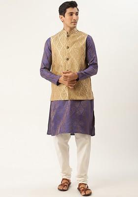 Purple Ethnic Motifs Poly Blend Kurta Set For Men