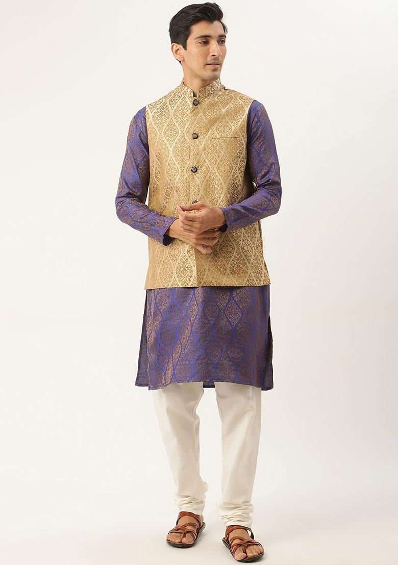 Purple Ethnic Motifs Poly Blend Kurta Set For Men
