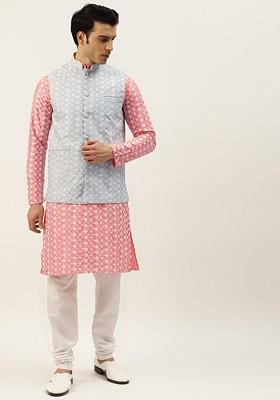 Pink Thread Work Poly Blend Kurta Set For Men