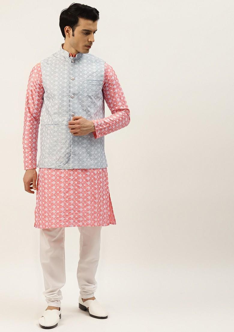 Pink Thread Work Poly Blend Kurta Set For Men