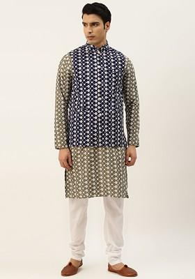 Olive Thread Work Poly Blend Kurta Set For Men