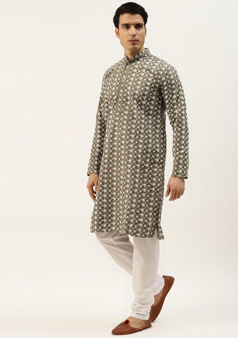 Olive Thread Work Poly Blend Kurta Set For Men