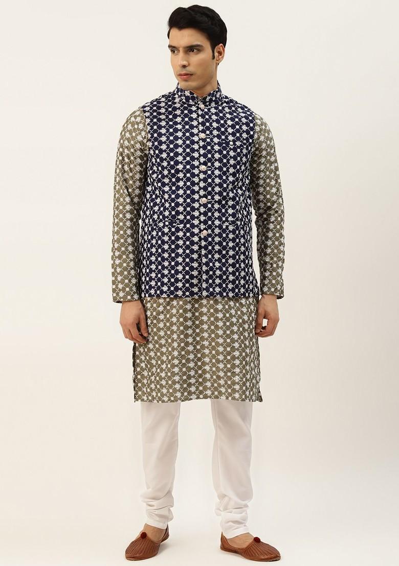 Olive Thread Work Poly Blend Kurta Set For Men