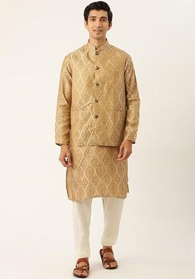 Beige Ethnic Motifs Poly Blend Kurta Set For Men