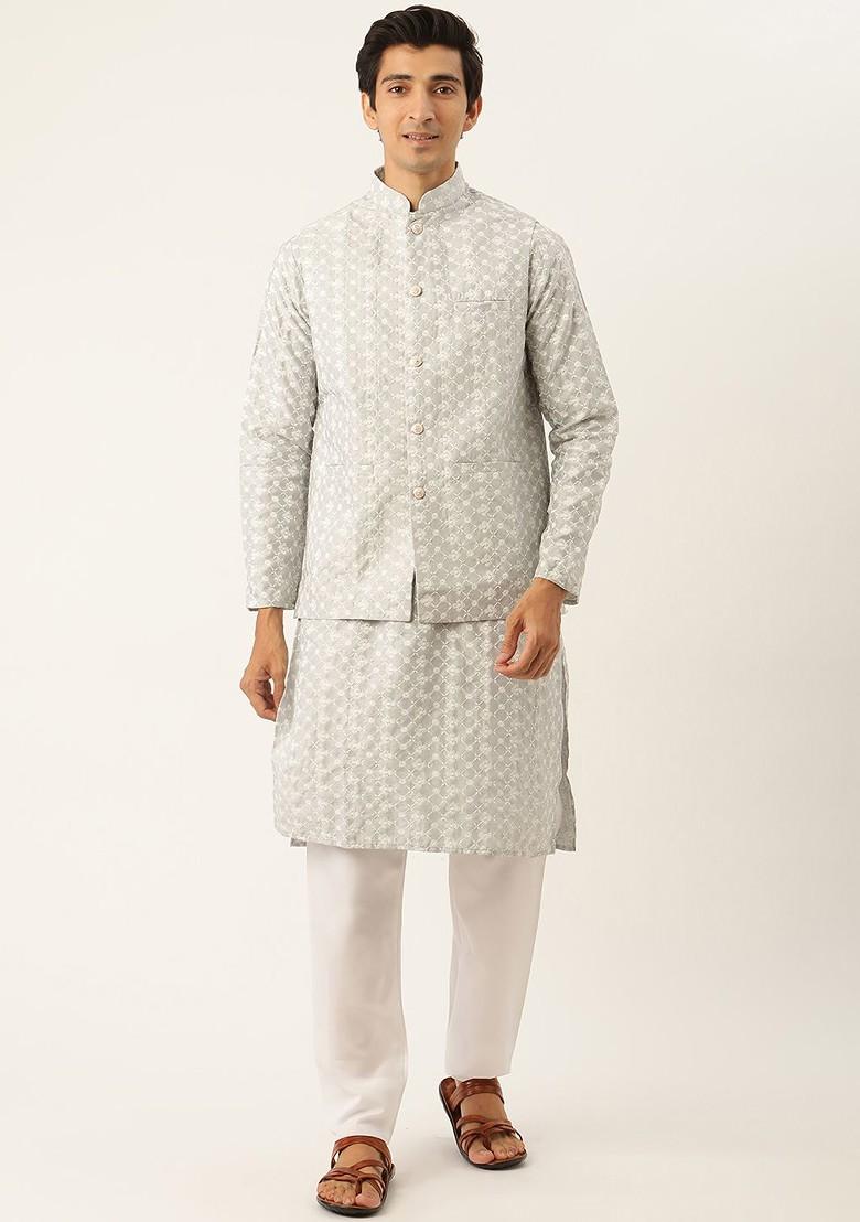 Grey Thread Work Poly Blend Kurta Set For Men
