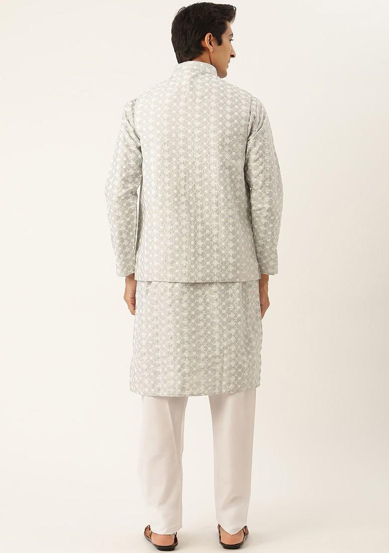 Grey Thread Work Poly Blend Kurta Set For Men
