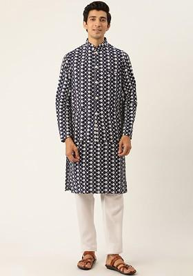 Navy Blue Woven Poly Blend Kurta Set For Men