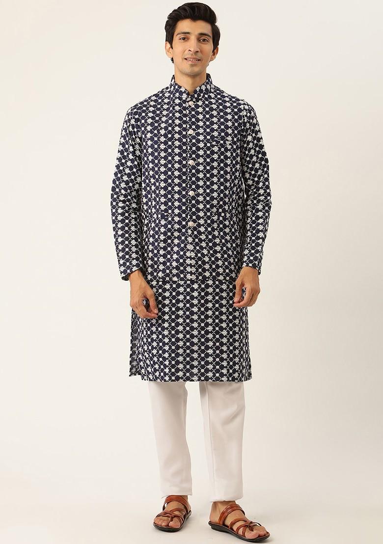 Navy Blue Woven Poly Blend Kurta Set For Men