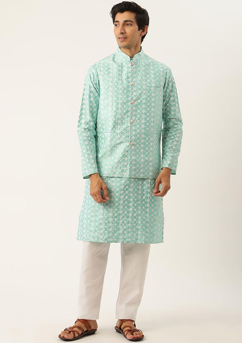 Sea Green Woven Poly Blend Kurta Set For Men