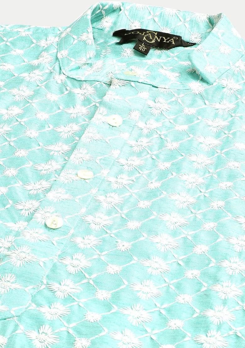 Sea Green Woven Poly Blend Kurta Set For Men