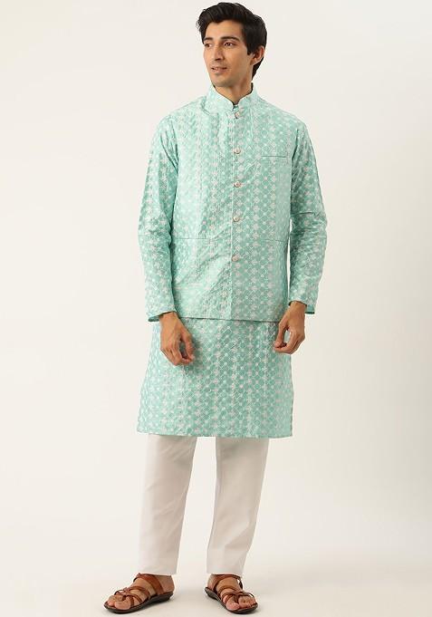 Sea Green Woven Poly Blend Kurta Set For Men