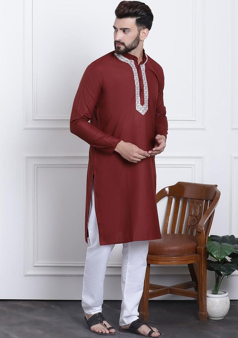 Maroon Solid Cotton Kurta Set For Men