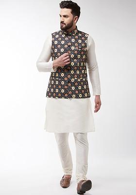 Off White Printed Poly Blend Kurta Set For Men