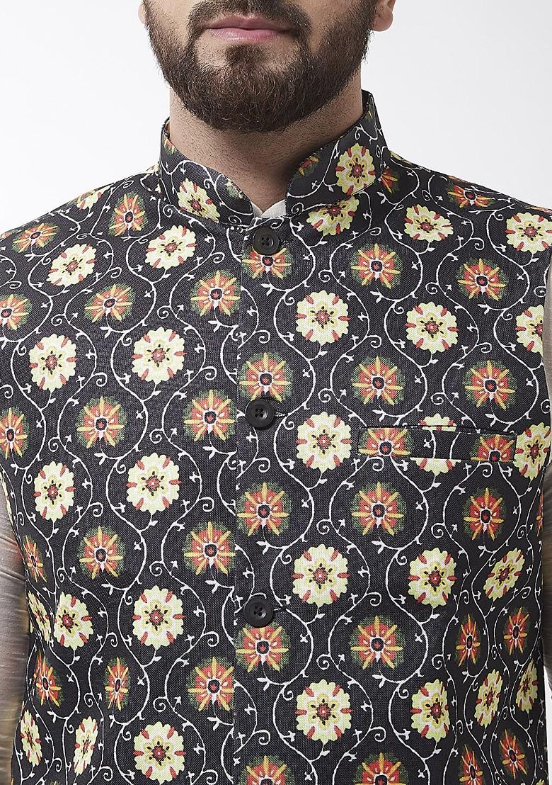 Off White Printed Poly Blend Kurta Set For Men