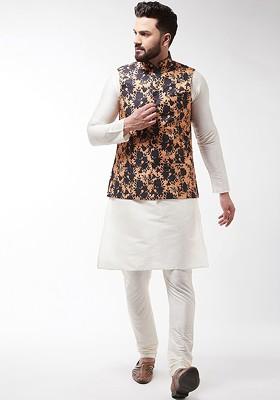 Off White Printed Poly Blend Kurta Set For Men