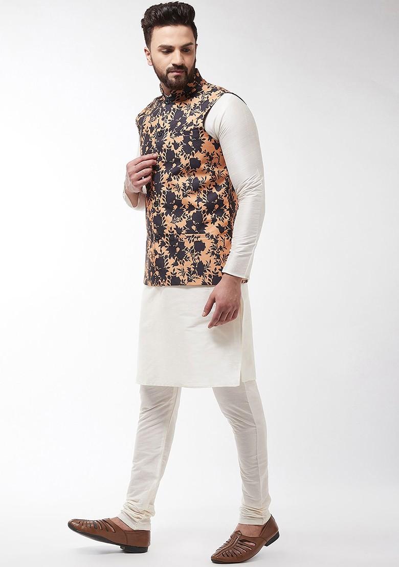 Off White Printed Poly Blend Kurta Set For Men
