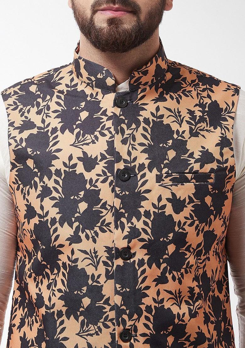 Off White Printed Poly Blend Kurta Set For Men