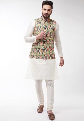 Off White Printed Poly Blend Kurta Set For Men