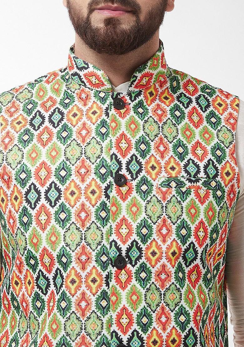 Off White Printed Poly Blend Kurta Set For Men
